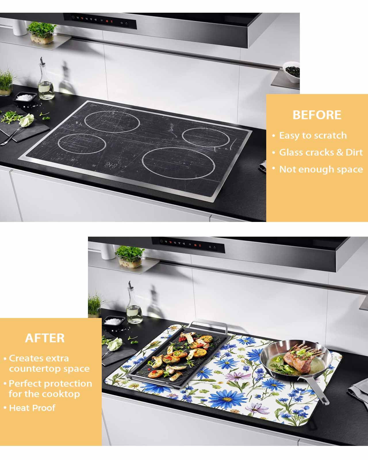 nqOlkjepod Large Induction Cooktop Protector Mat 24"x21", Blue Flower Stove Top Covers for Electric Stove, Pink Botanical Blossoming Floral Plant Stove Burner Cover Mats, Glass Top Stove Cover