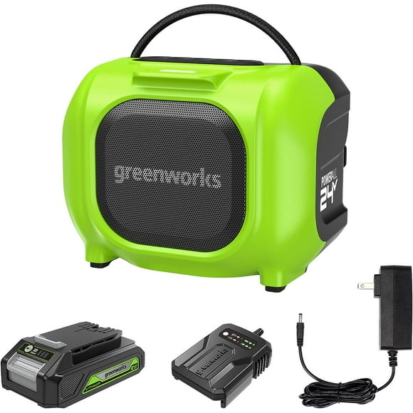 Greenworks Haut-parleur Compact Bluetooth 24V Haut-Parleur Portable Sans Fil de Chantier, Batterie 2.0Ah et Chargeur Inclus