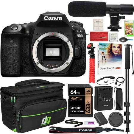 Canon EOS 90D DSLR Digital SLR Camera Body Only 32.5-MP APS-C CMOS 4K Video with Deco Gear Deluxe Gadget Bag Case Bundle + Microphone + Monopod + 64GB Memory Card & Kit