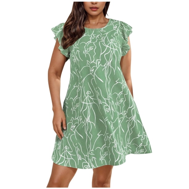 Vestido Corto de Manga Larga para Mujeres Talla Grande Cuello Redondo Manga Corta Impresión Floral, Cómodo Vestido de Verano Casual