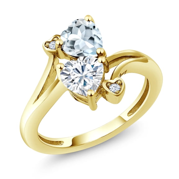 Gem Stone King 10K Yellow Gold Ring Heart Shape Sky Blue Aquamarine and Moissanite (1.56 Cttw, Size 5)