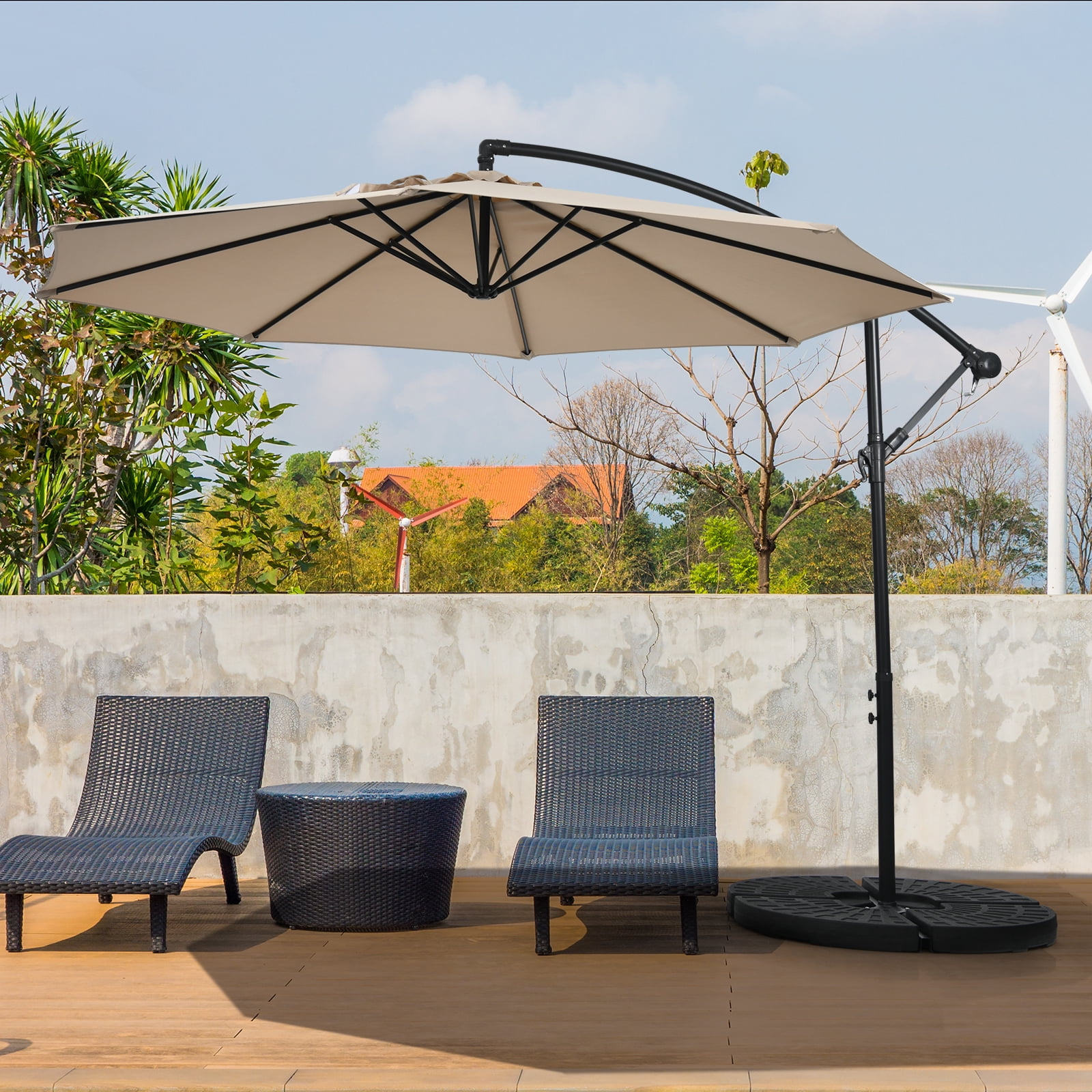 Patiojoy 10FT Patio Offset Umbrella 8 Ribs Cantilever Umbrella w/Crank for Poolside Yard Lawn Garden Beige