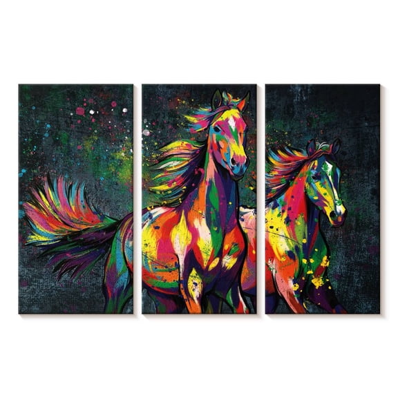 Elephant Stock Two Horses Color Splash Paint Wall Art - Horizontal Multi Panel Canvas - Living Room Wall Decor - Animal Multi Panel - Gold And Beige Decor - 23" x 14"