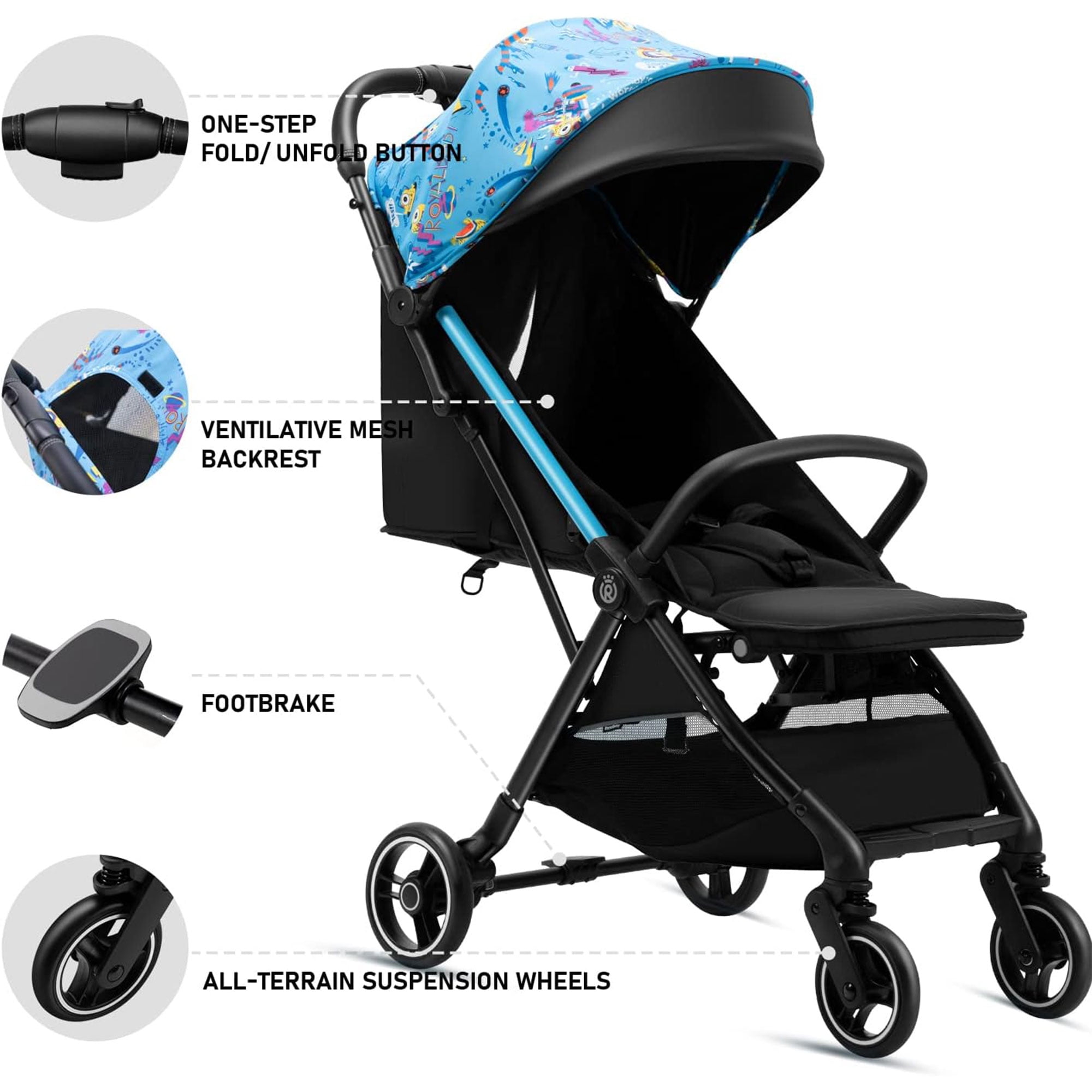 Royalbaby 360 Classic Seat Compact Fold Travel Stroller Black Blue Multicolour