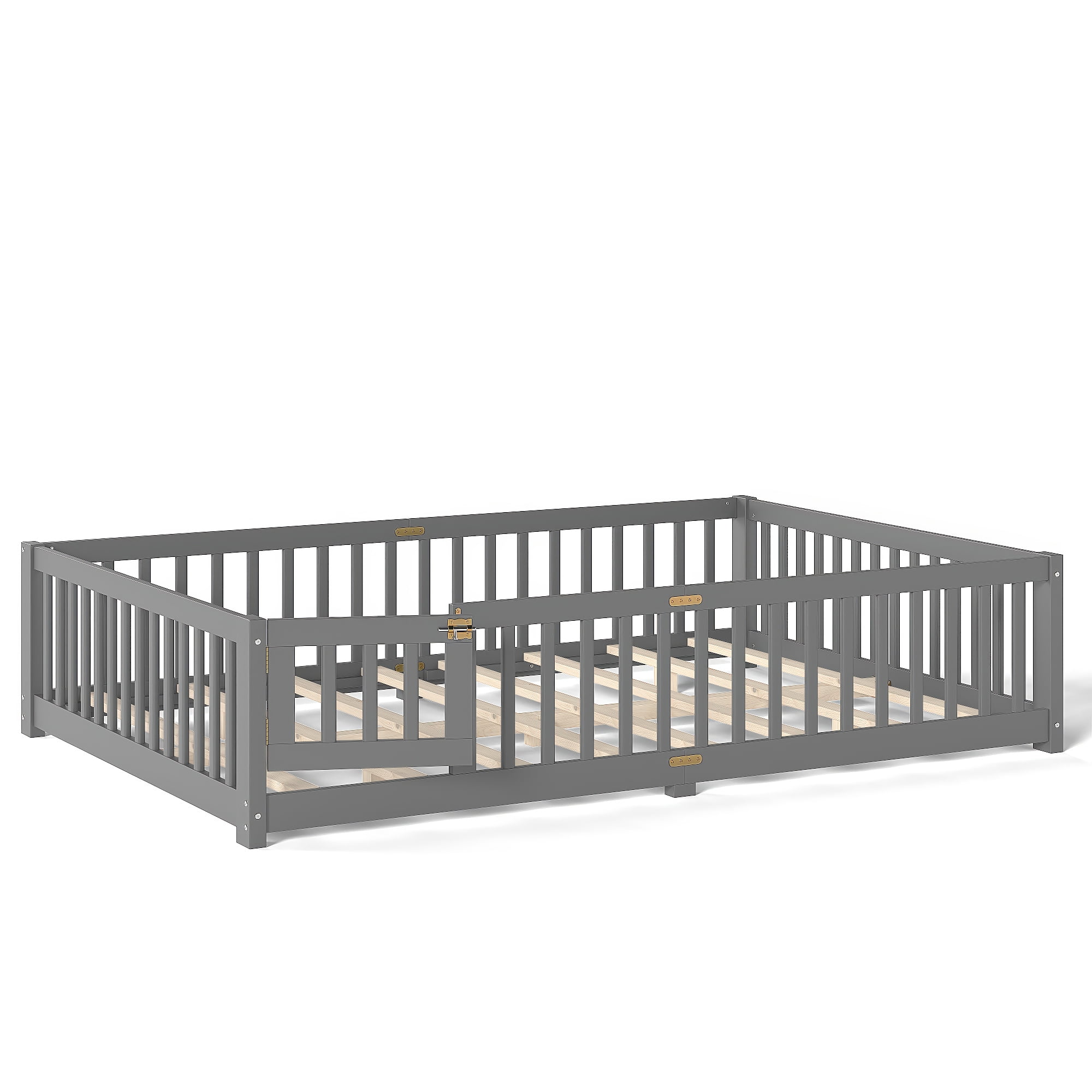 Queen Size Montessori Floor Bed with Rails, Wood Kids Floor Bed with Door and Slats Support, Toddler Bed Montessori Bed for Boys Girls, No Box Spring Needed Design