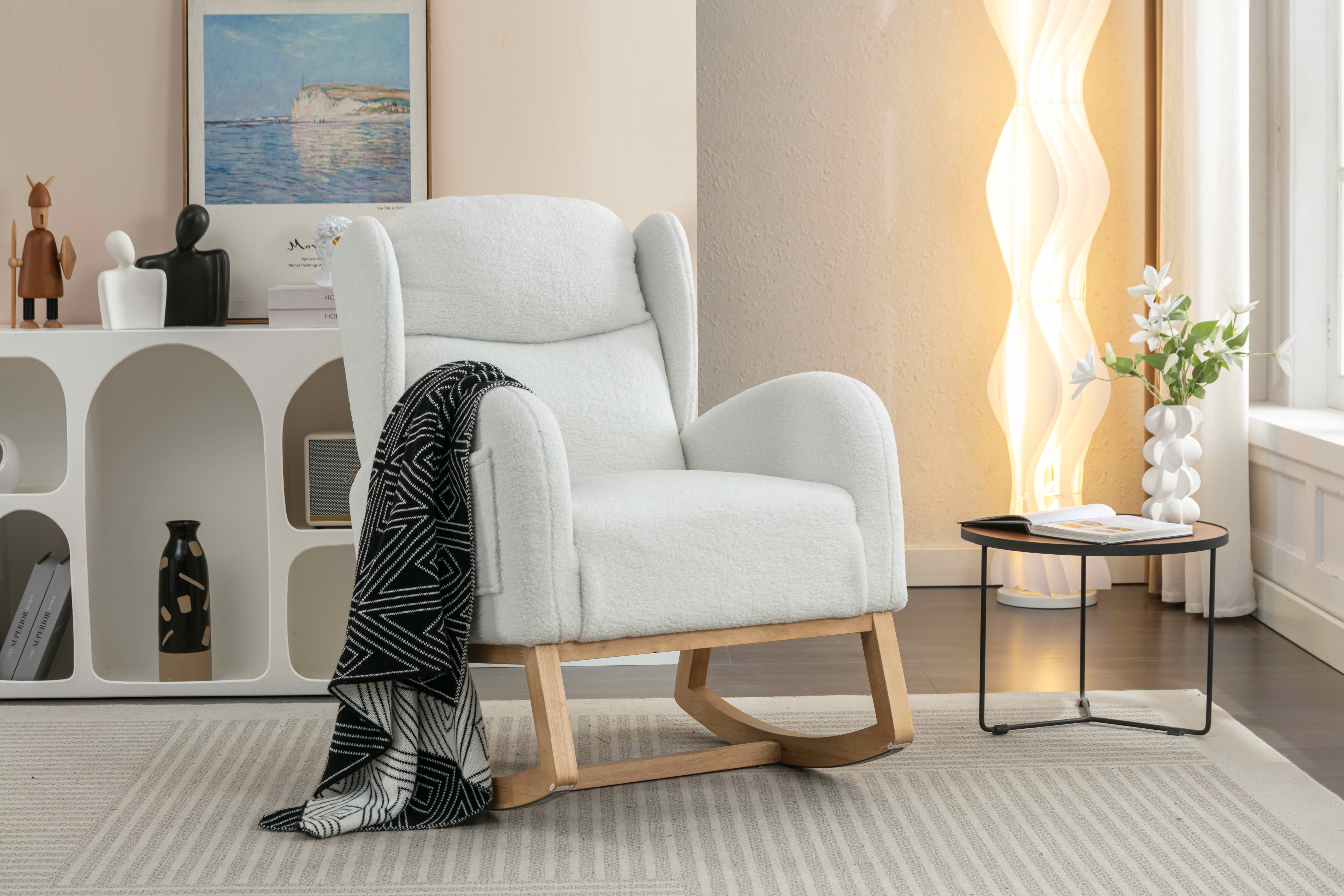MAYEERTY Teddy Fabric Rocking Chair, with Packet Wood Legs, Ivory