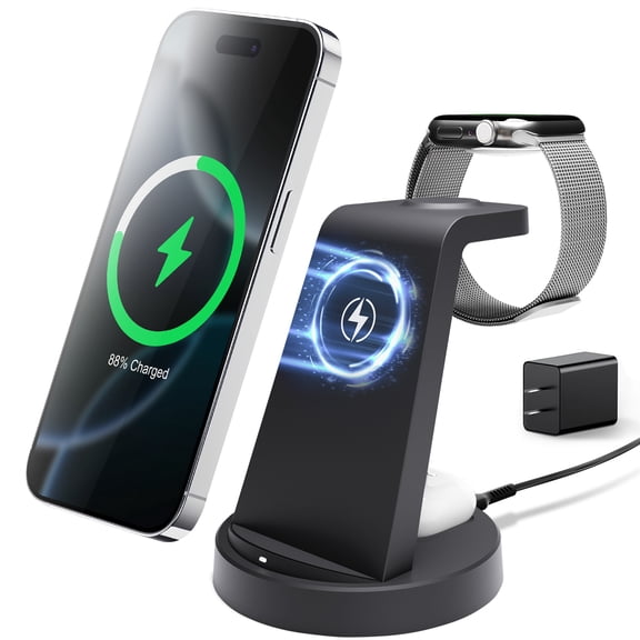Charging Station, Magnetic Wireless Charger for iPhone 17 16 15 14 13 12, for iWatch Series, for Airpods 4 3 2, for Samsung Galaxy, Black