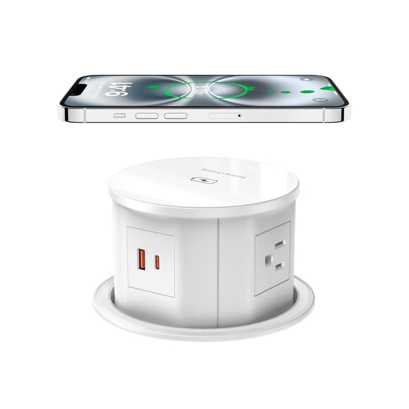 Pop Up Outlet with 15W Wireless Charger, 4 AC Outlets & PD 20W USB Fast Charging, 4.75 inch Desk Hole Power Grommet Connect 6FT Cord for Office, Conference, Kitchen Use(ETL & FCC L