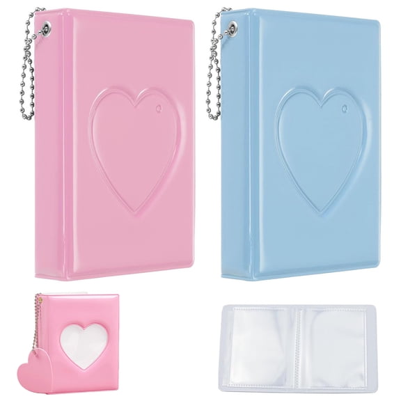 Tutuviw 2 Pack Mini Photo Album Card Binder 3in Photo Album Love Heart Hollow Photo Card Binder Photo Card Holder Plaid Album Mini Album with Pendant for Cards Collect Book,32 Pockets (Blue,Pink)