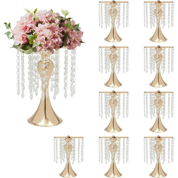 10 Pcs Crystal Vase Wedding Centerpieces for Tables, 10.2in Height Gold Flower Stand Crystal Beads Metal Floral Vase for Event Party Reception Decor