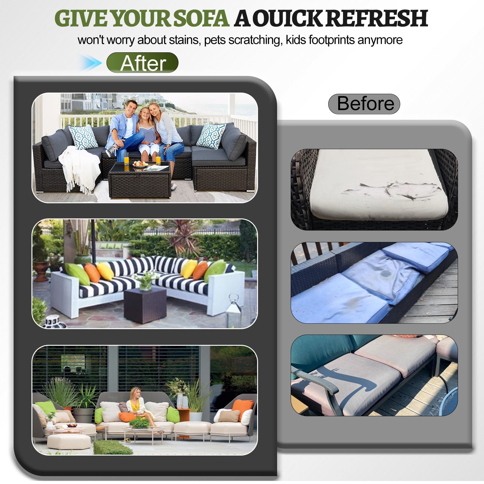 PUKNLY Outdoor Furniture Replacement Cushions, Fits 6-seat Sectional Rattan Conversation Set, 14 Piece Patio Water-Resistant Replacement Sofa Cushions, Liner&Cover（Black White Stripes）