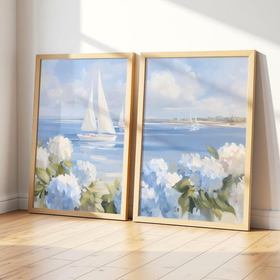 Pastel Coastal Wall Art Blue Hydrangeas Sailboats Summer Ocean Bathroom Prints Set 2 Unframed Paper Print 8x12