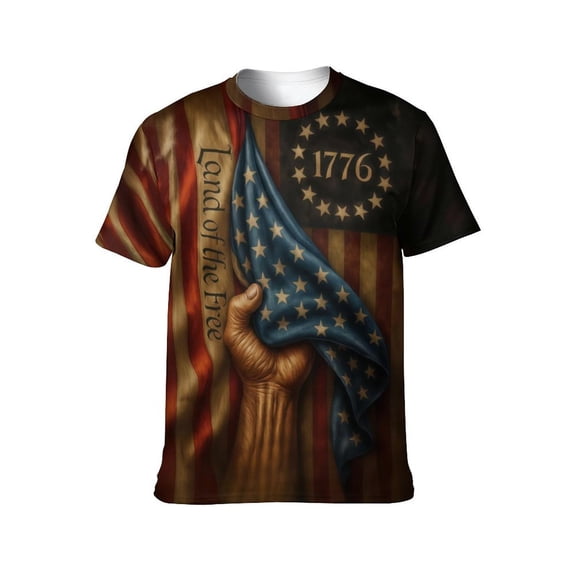 LAOLIUSN Men’s Patriotic T-Shirt American Flag 1776 “Land of the Free” Vintage Graphic Tee, 3D All Over Print Short Sleeve Crewneck, 88% Polyester 12% Spandex, S-4XL