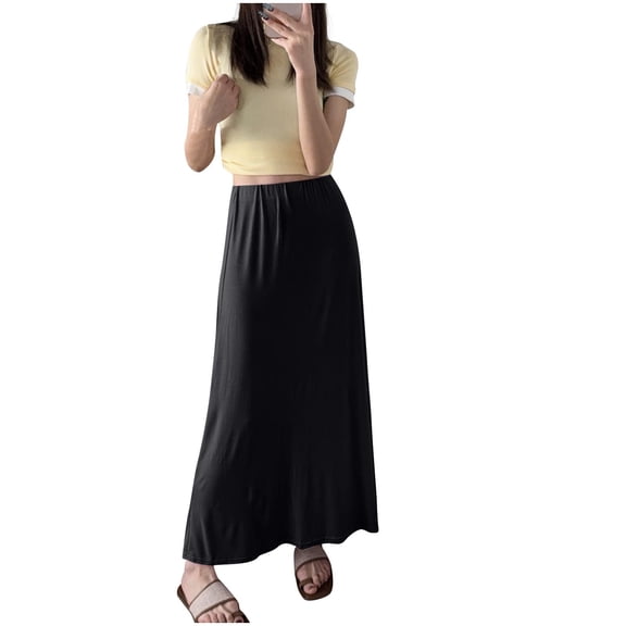 PUMISAS A-Line Print Skirts For Women Soft High Elastic Waist Skirts Casual Loose Elastic Solid Color Long Length Skirts