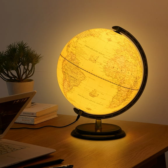 GJWL 12'' Rotating Illuminated World Globe – LED Light Educational Cartography Map Earth for Kids Adults Students Soft Glow Durable Build Easy Desk Placement