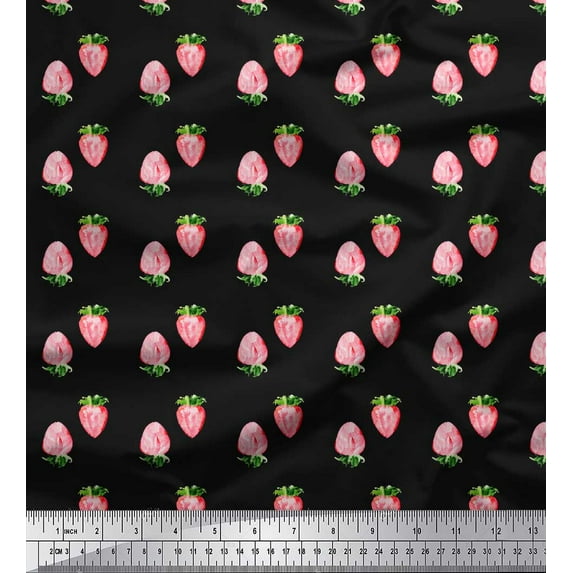 Soimoi Black Poly Georgette Fabric Strawberry Fruit Fabric Prints By Yard 42 Inch Wide