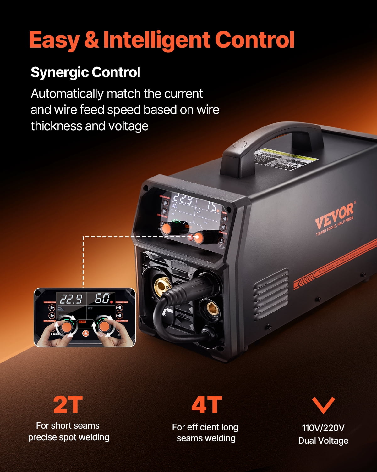 VEVOR MIG Welder,200A Synergic Mig Welding Machine, 4-in-1 Gas MIG/Flux Core MIG/Stick/Lift TIG Multi-Process Welder Machine,110V/220V Dual Voltage Mig Welder with IGBT Inverter & LCD Screen Display