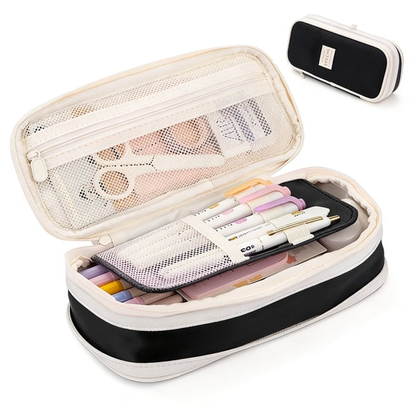 Rirool Large Capacity Pencil Case, Expandable Pencil Pouch Big Pen Bag for School Supplies with Zipper, Deformable Organizer for Teen Girls Boys, Black