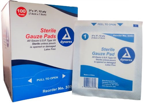 3 Pack Dynarex Sterile Gauze Pads 3'X3' 12-Ply Single #3353 100 Bandages Ea