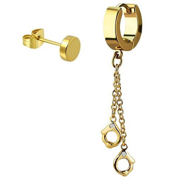 iJewelry2 Gold Tone Stainless Steel Dangling Handcuffs Chain Huggie Hoop and Illusion Plug Stud Earrings