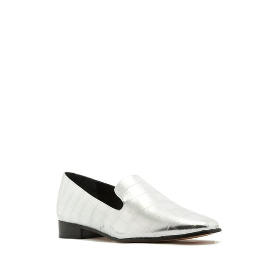 Schutz Flor Crocodile Embossed Metallic Silver Loafer Prata