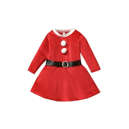 

0-4T Toddler Infants Girl Christmas Dress Long Sleeve Pom Pom Dress Santa Claus Clothes Dresses