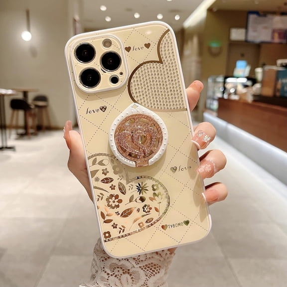 Compatible with iPhone 13 Pro Max Case with Kickstand, Glitter Sparkle Bling Love Heart Case Luxury Shiny Cute Flower Slim Bumper Diamond Cover Protective Cases Cover