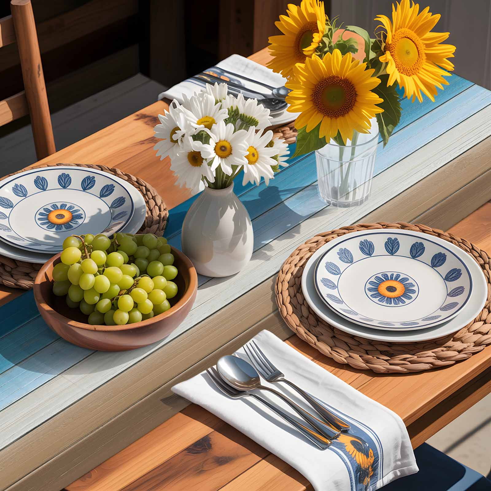 Watercolor Blue Gradient Wood Board Table Runner 90 Inches Long, Farm Brown Wooden Table Runners Tabletop Scarf Kitchen Dining Tables Decoration for Home Party Indoor Outdoor