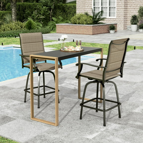 Sophia & William 3PCS Patio Outdoor Bar Set Padded Textilene Bar Height Swivel Stools & Table Furniture Bistro Set, Brown