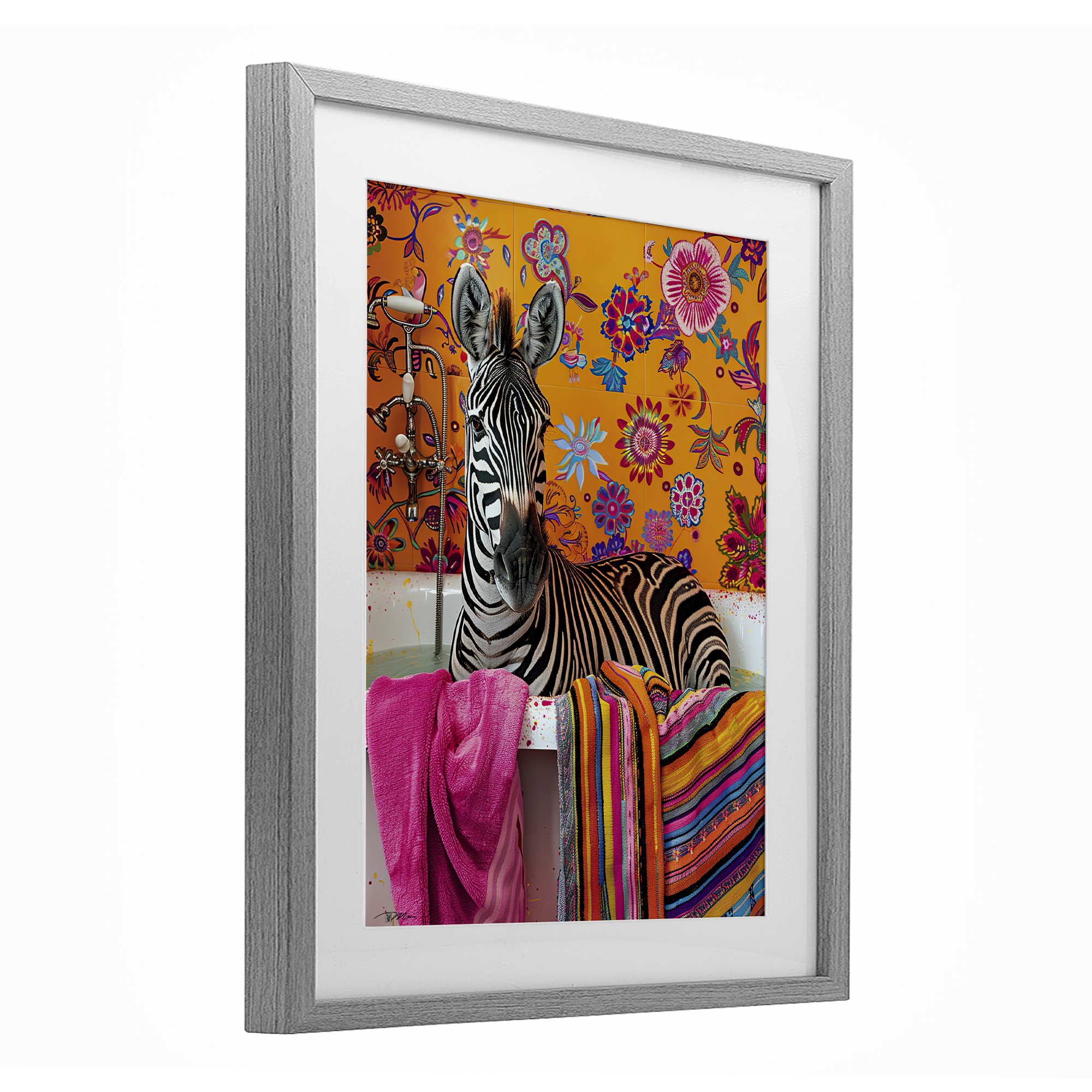 Zebra Bath with Colorful Towel Gray Framed Print Under Glass, design by Momart