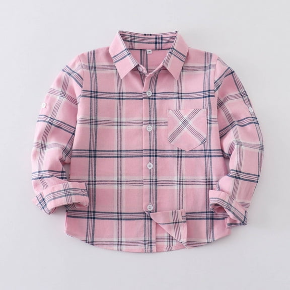 Eltusu Girls Plaid Shirts, Button-Up Loose Fit Lapel Collar Soft Long Sleeve Shirts Pink Size 1-13T