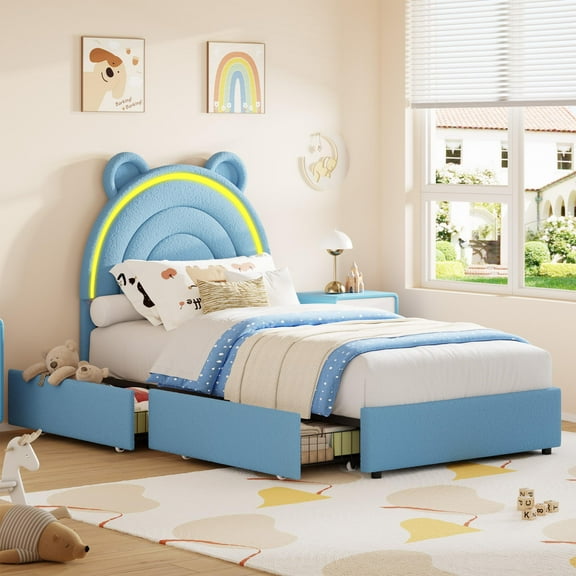 Garvee Princess Style Twin Blue Upholstered Bed Frame with LED Rainbow Headboard & 2 Storage Drawers - Soft Platform, Plain Wood Slats, No Box Fresh Needed, Kidss Bedroom Furniture, Blue, Twin