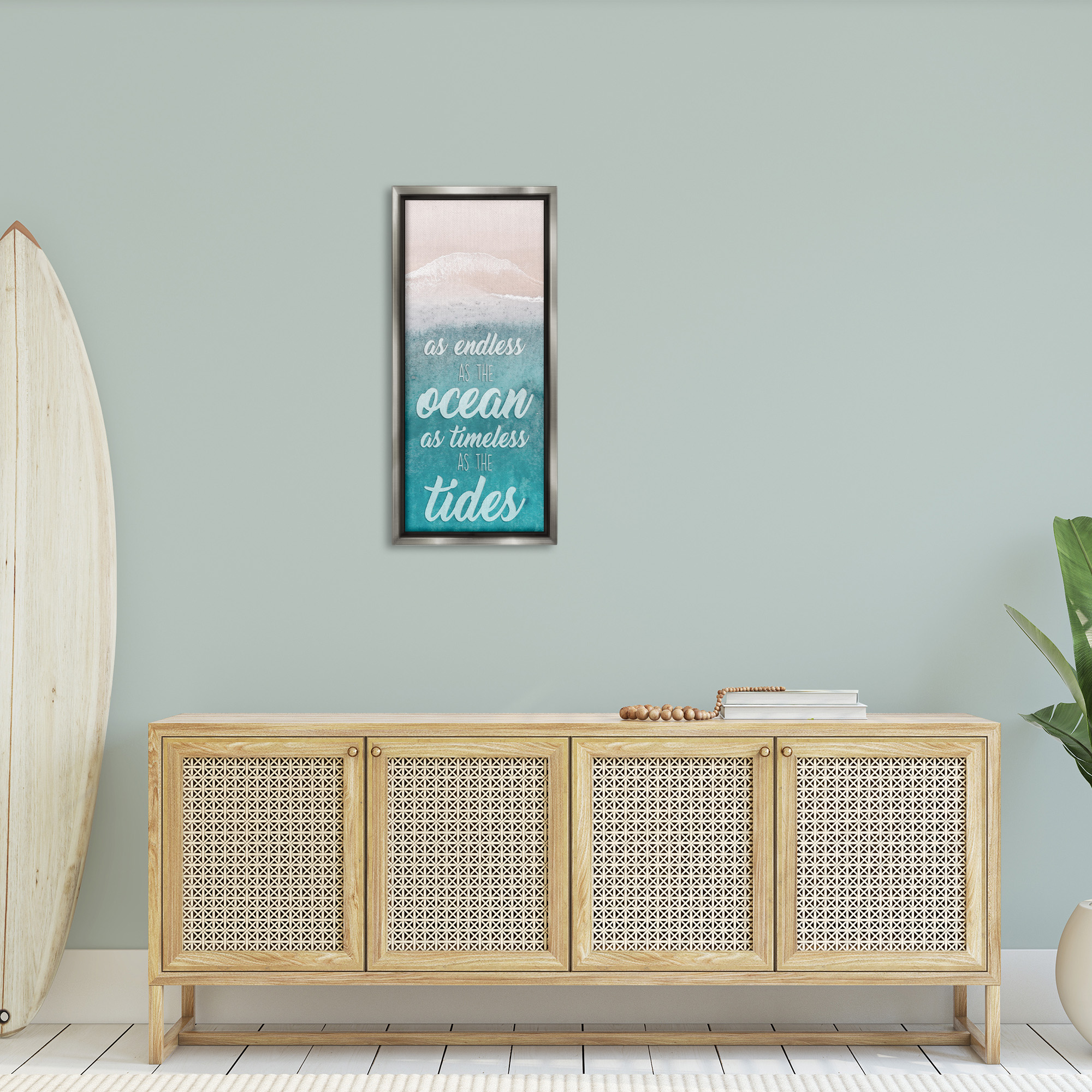 Stupell Industries Timeless As Tides Beach Phrase Inspirational Painting Gray Floater Framed Canvas Art Print Wall Art, 15 x 31