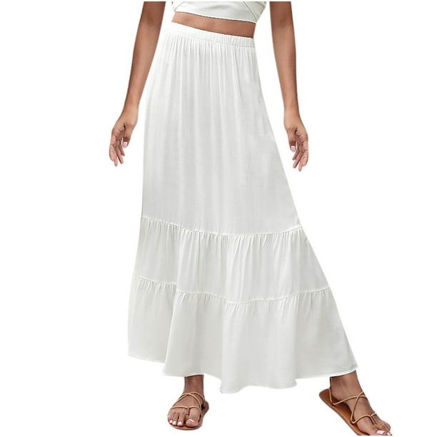 Women's Casual Summer Maxi Skirt Bohemian Solid Elastic High Waist ...