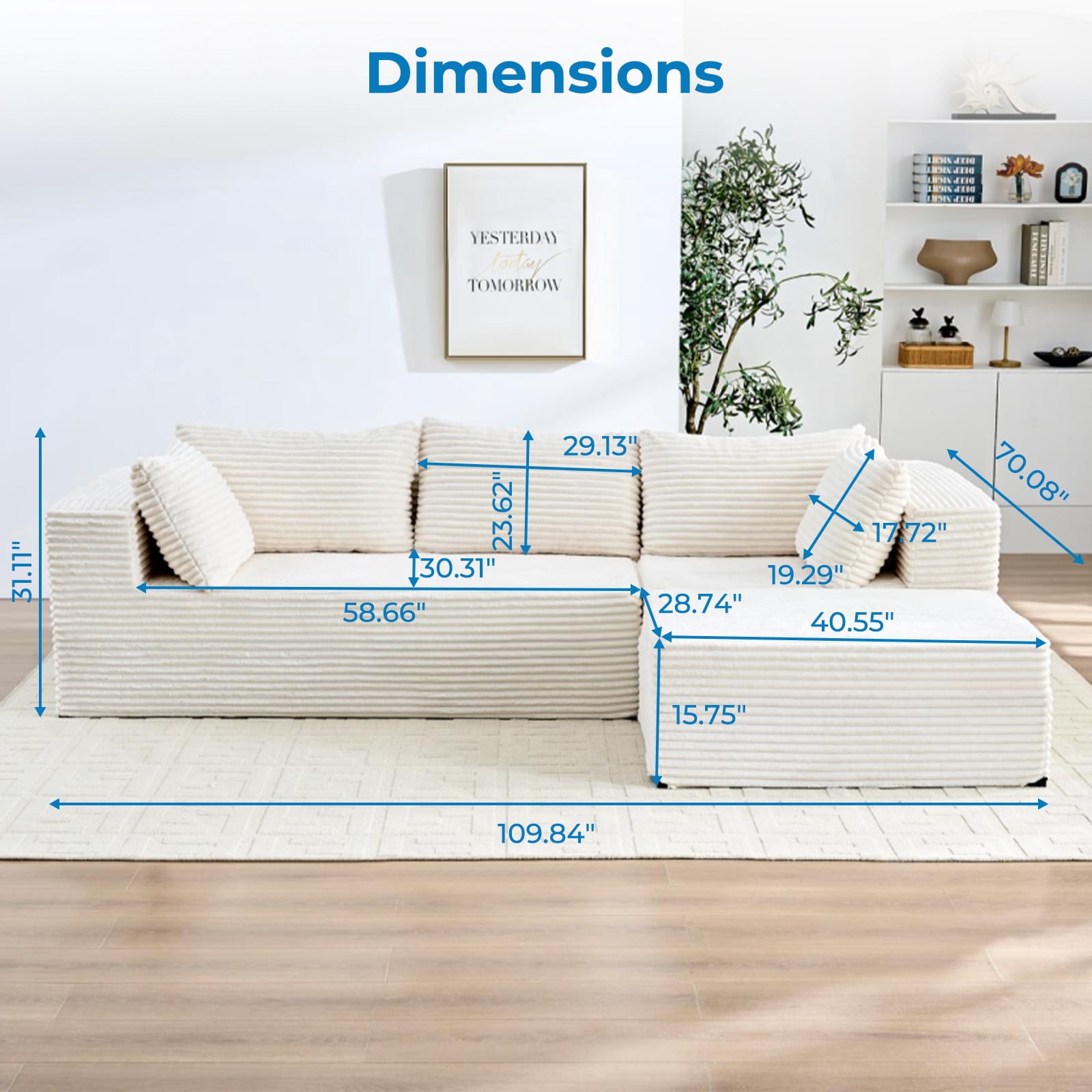 ZAFLY 110" Cloud Sectional Sofa, Modular Corduroy Deep Seat Couch, L Shaped Couches for Living Room - Beige