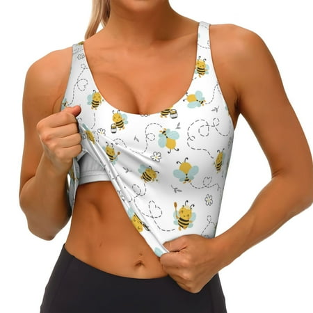 Qokaie Bee Pattern Womens Scoop Neck Sports Bra Breathable Workout Vest Padded U Back Medium Impact Fitness Gym Yoga Bra Workout Crop Top