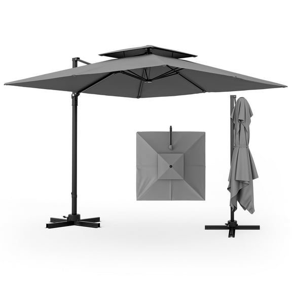 Gymax Patio 9.5FT Square Cantilever Offset Umbrella Double Vented 360°  Heavy Duty Gray