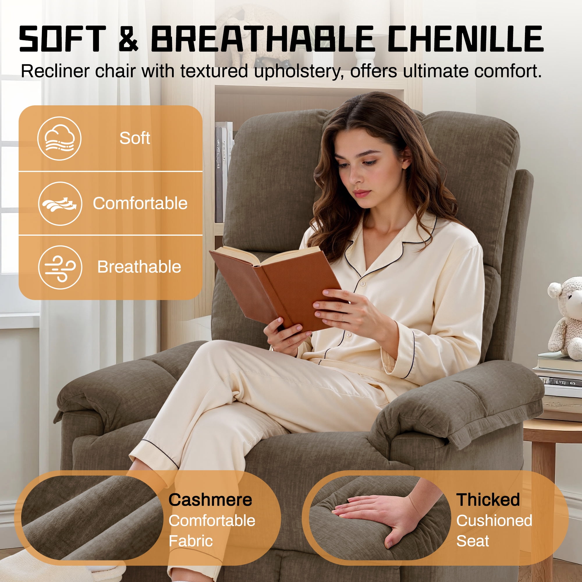 Korser 360°Swivel Recliner Chair for Adults with Side Pockets,Small Rocking Recliner for Small Spaces for Living Room,Nursery,Brown