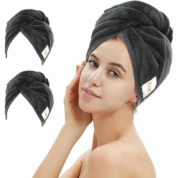 Fu997 2 Pack Microfiber Hair Towel Wrap,Hair Drying Towel with Button,Absorbent and Anti-frizz Head Towel to Dry Curly or Straight Hair Quickly (Black)