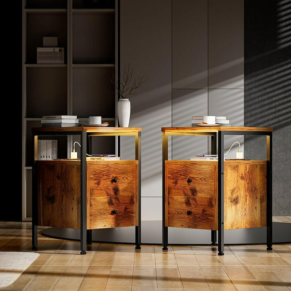 Nightstand Set of 2 with LED Light, Charging Station, 2 Deep Drawers & Shelves, Wood Night Stand Bed Side End Table for Bedroom & Living Room, Rustic Brown