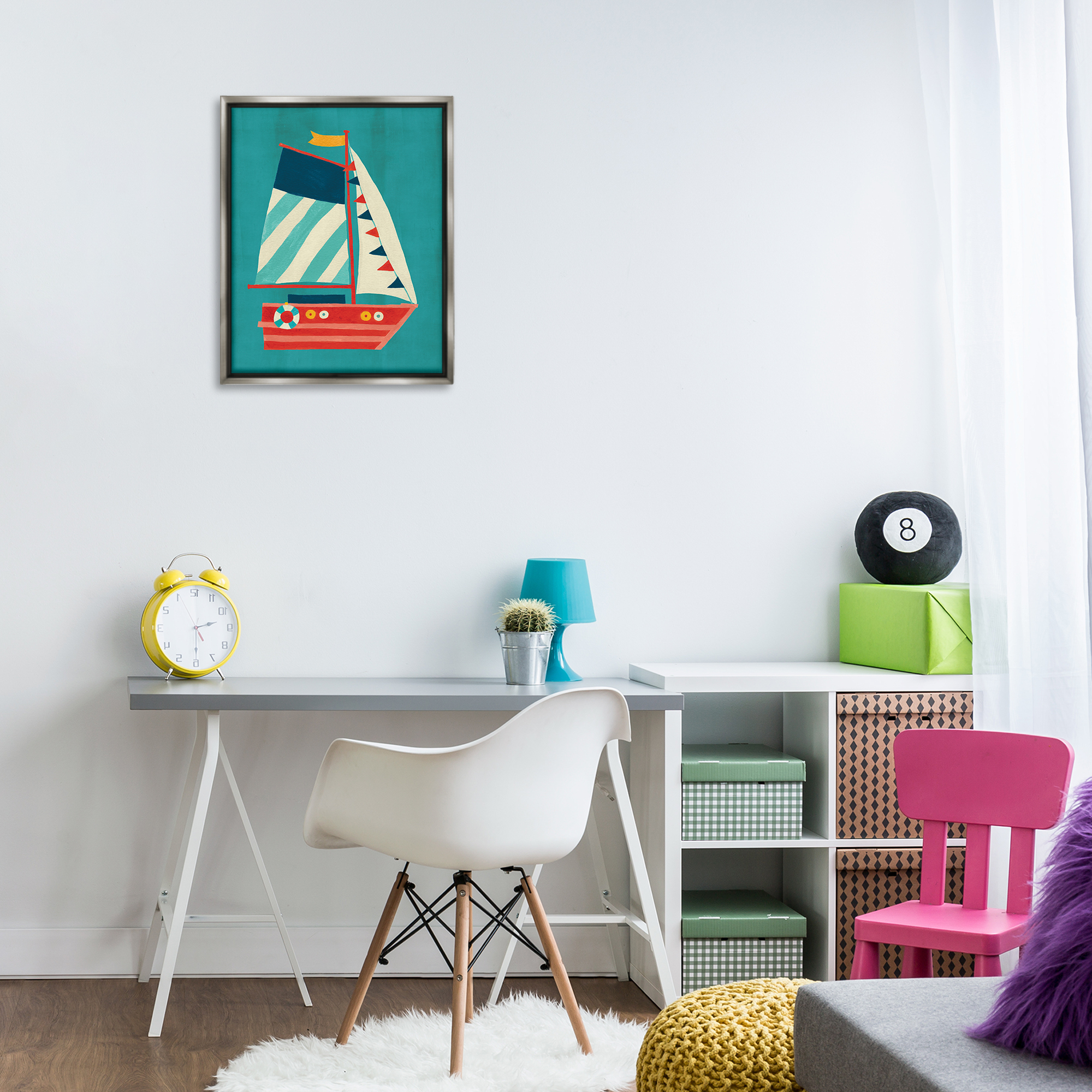 Stupell Industries Striped Sailboat on Blue Transportation Painting Gray Floater Framed Canvas Art Print Wall Art, 17 x 21