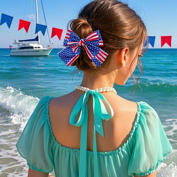 TOPRenddon 4th of July Hair Clips – Patriotic Spring Hair Bows for Kids & Adults, Red White Blue Hair Accessories with Metal Clips, 4 Styles Independence Day Party Decor (10.6in)