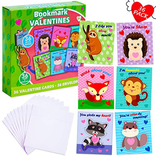 36 Pack Valentine's Greeting Cards with Safari Animals Figures Toys for Kids Valentine's School Classroom Exchange Valentines Day Cards for Kids Valentine Prize Party Favors 