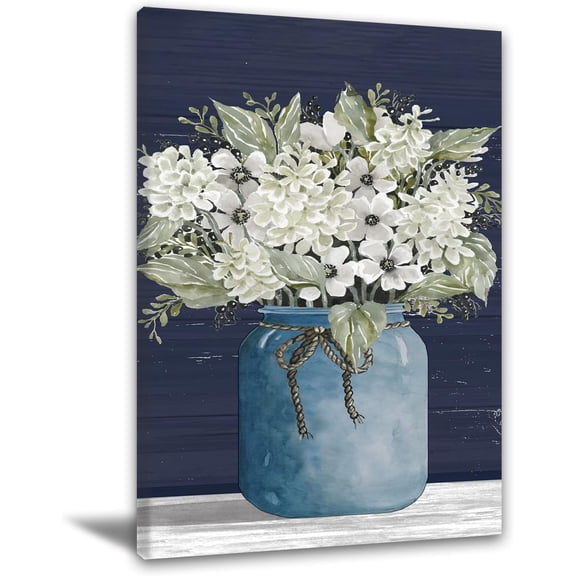 Selitiyer Rustic Farmhouse Wall Art Bathroom Wall Decor White Flower Poster Mason Jar Canvas Prints Blue Wall Art Modern Gallery Artwork for Bedroom Dining Room Office Home Decor 16x24 Inch No Frame