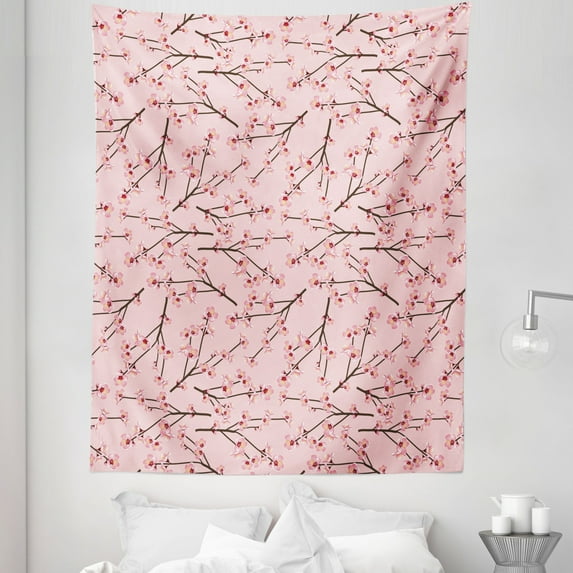 Floral Tapestry, Japanese Momo Peach Tree Flowered Branches in Repetitive Pattern Image, Fabric Wall Hanging Decor for Bedroom Living Room Dorm, 5 Sizes, Rose and Dark Cocoa, by Ambesonne