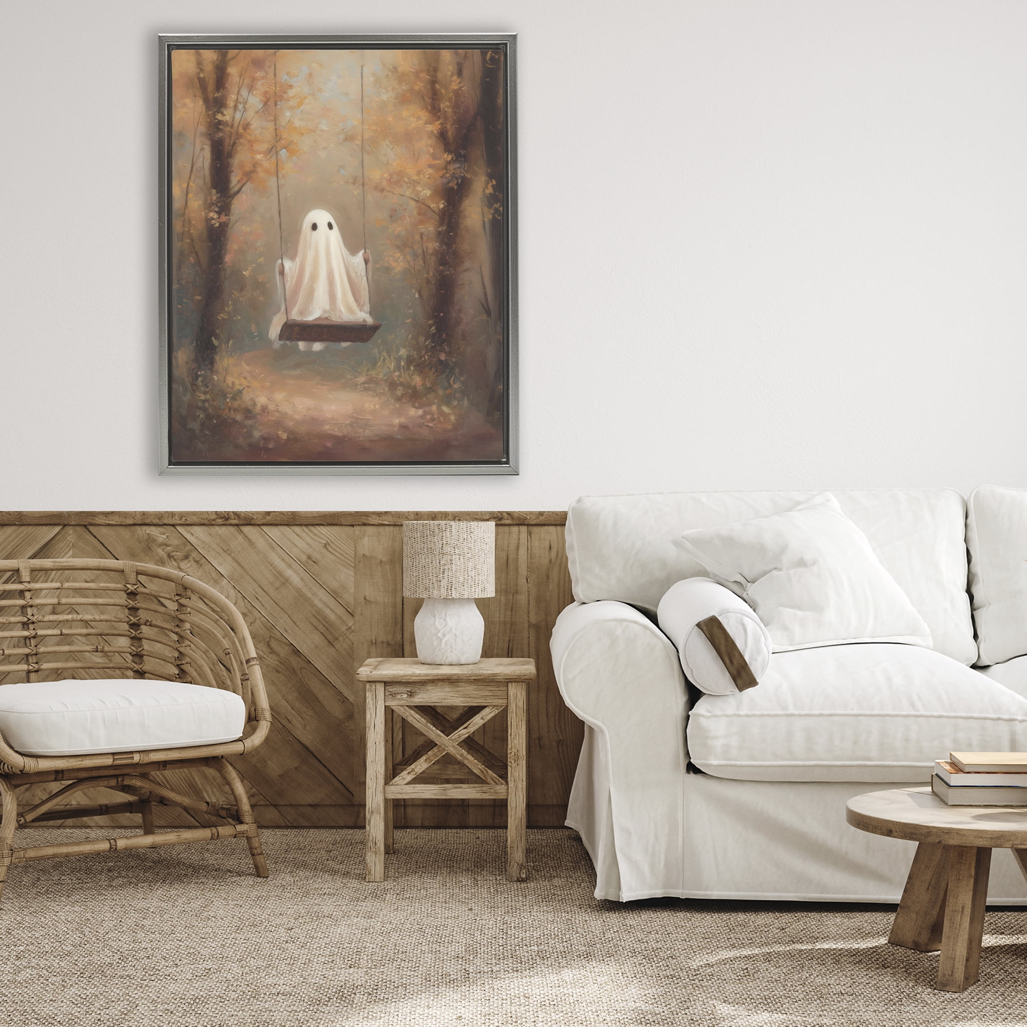 Eerie Swinging Ghost Gray Framed Floater Canvas Wall Art, design by Arlington Prints