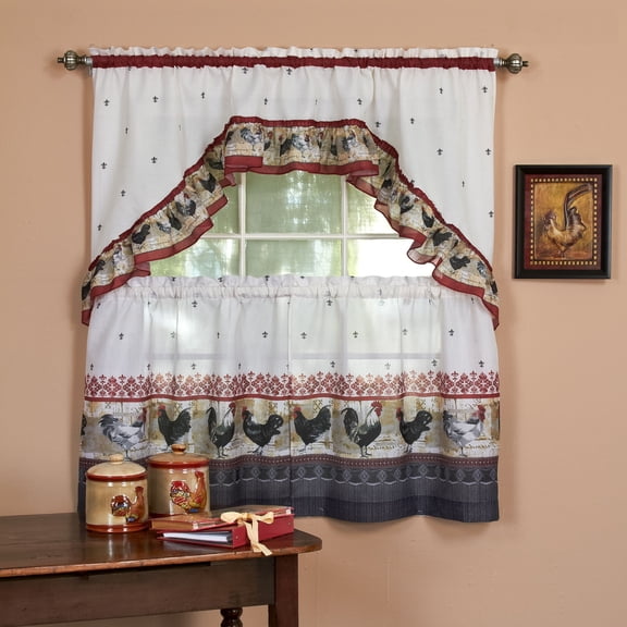 Kitchen Comfort Rooster - Printed Tier and Swag Window Curtain Set - 57x24 - Burgundy