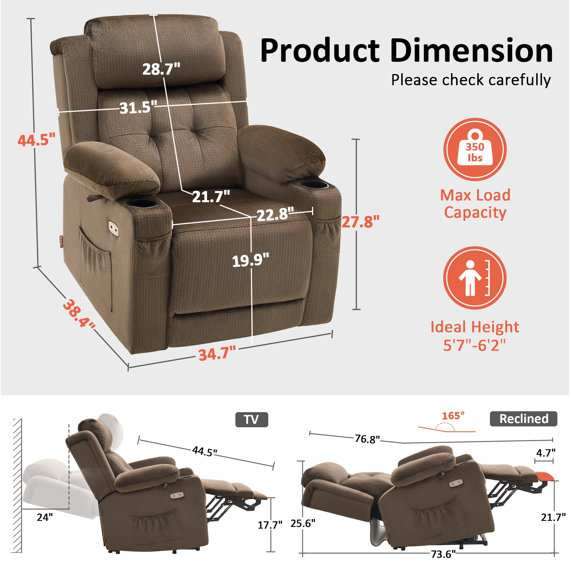 MCombo Lay Flat Triple Motor Power Lift Recliner for Big and Tall, Adjustable Headrest, Fabric(Brown)