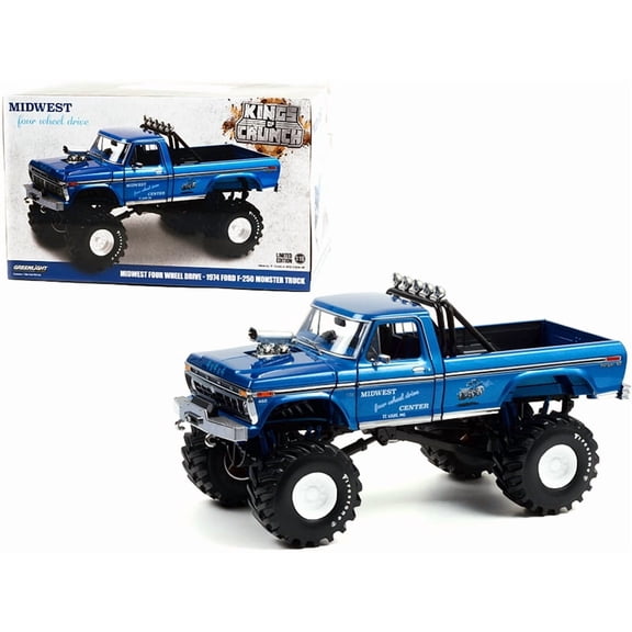 1974 Ford F-250 Ranger XLT Monster Truck with 48-Inch Tires Blue Metallic "Midwest Four Wheel Drive Center" "Kings of Crunch" Series 1/18 Diecast Model Car by Greenlight