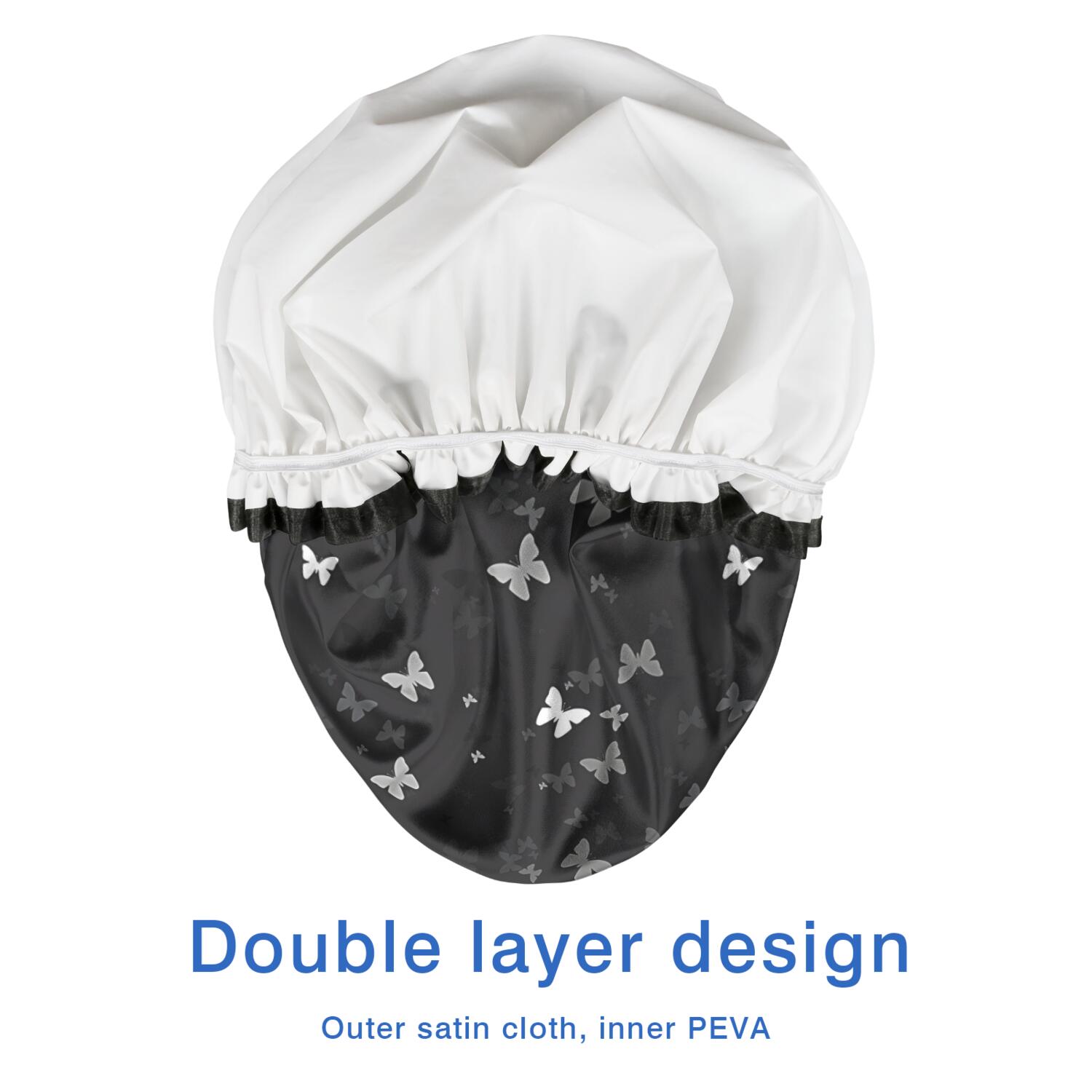 Shower Caps,Black Gray Butterfly Pattern Waterproof Shower Cap for Women 4 Pieces,Double Reusable Hair Cover for Shower PEVA Elastic Stretch Hem
